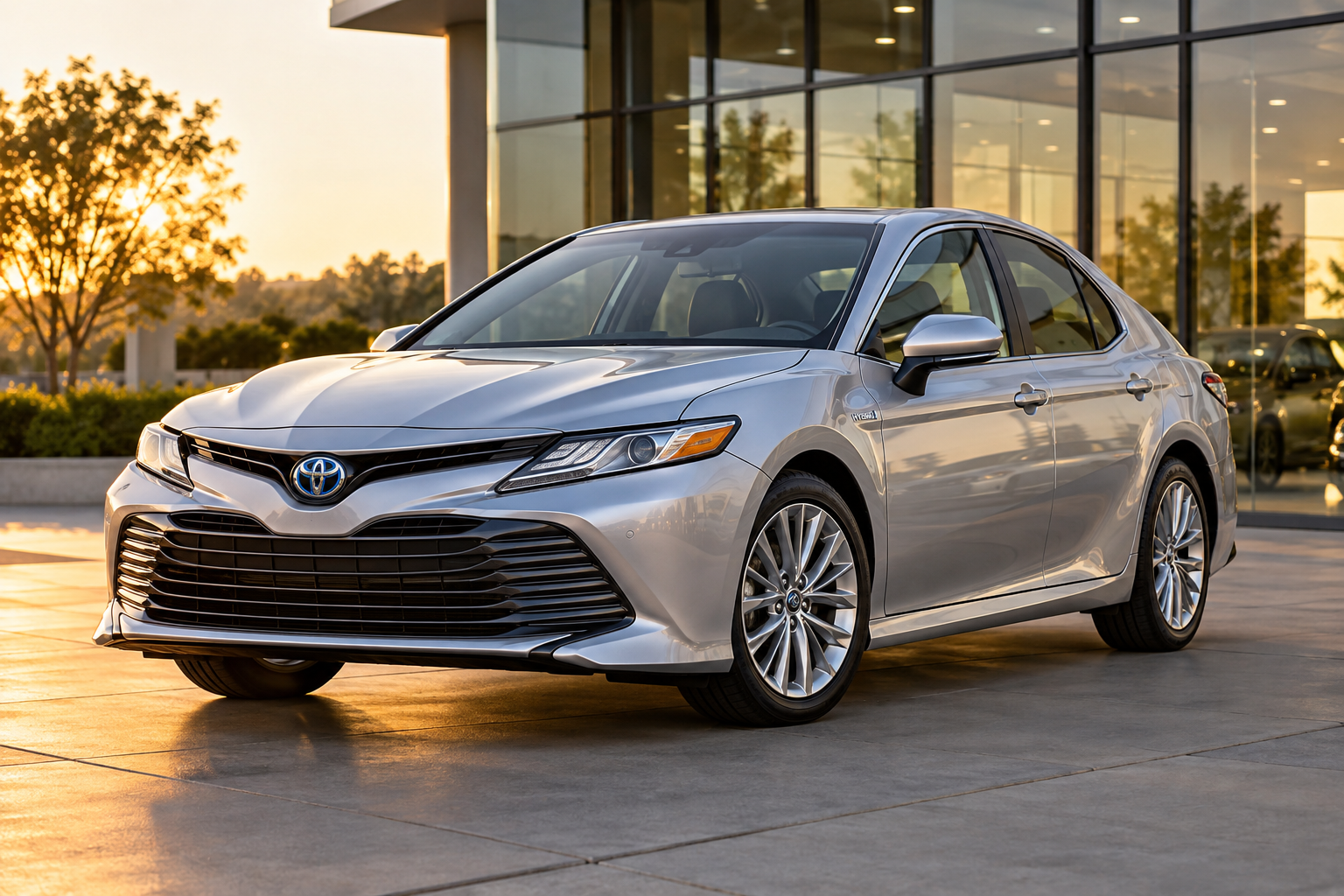 Silver Toyota Camry Hybrid outside a modern showroom
